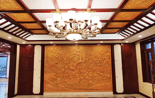 蕉城中式别墅客厅中式木作横梁吊顶装饰展示